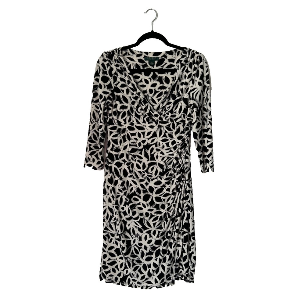 Lauren Ralph Lauren Dress Size 2 Black White Floral Faux Wrap V-Neck Cinched